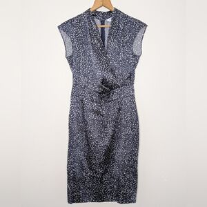 Max Mara Silk Blend Sheath Midi Dress in Navy and Off-White Print Drape Front